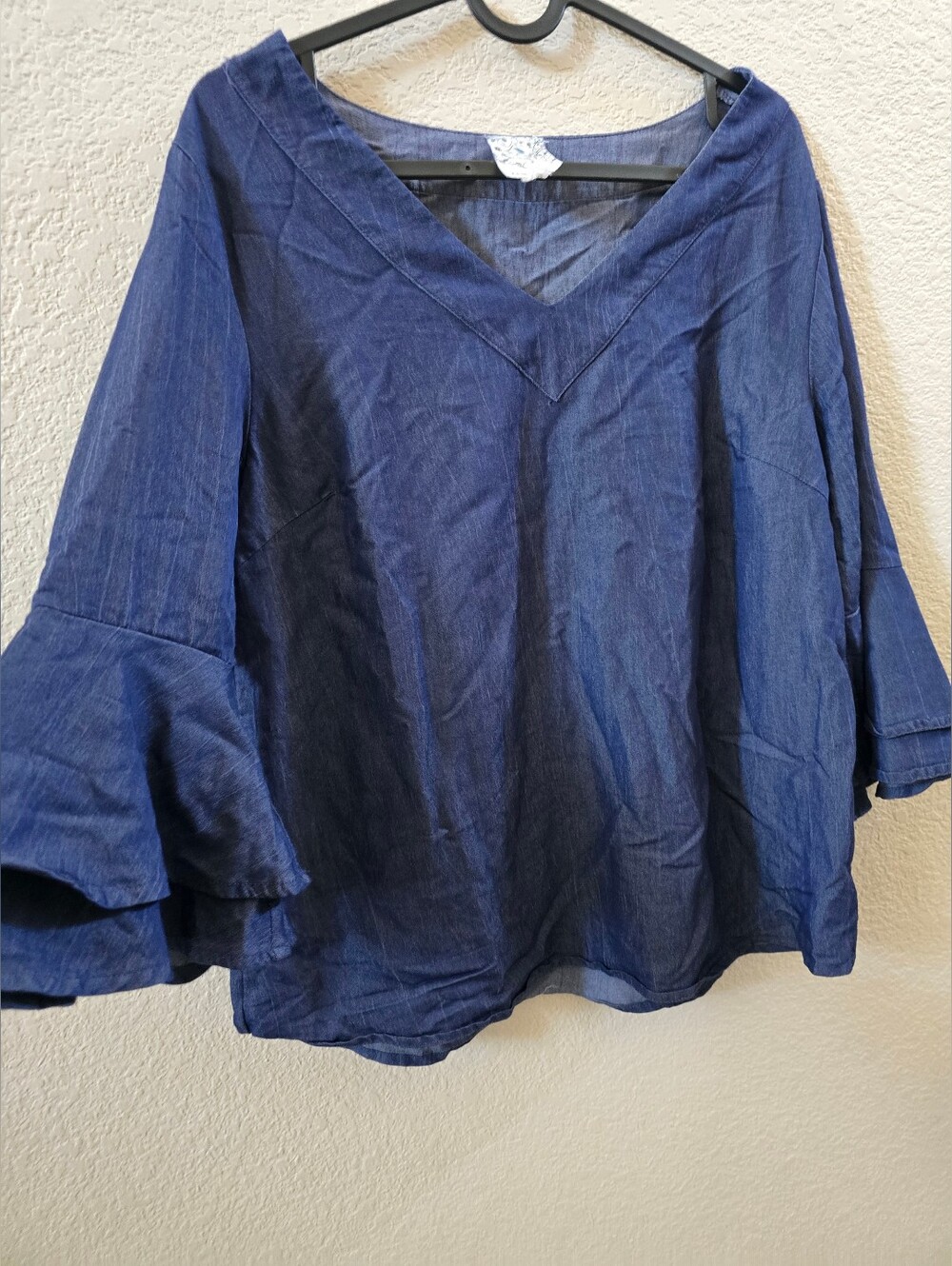 Naif Top Womens Size M Dark Chambray Blue Ruffle Bell Sleeve Boho V-Neck Flowy